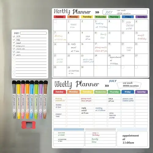 Hivillexun Magnetic Dry Erase Calendar Whiteboard Set (3-Pack) for Refrigerator, Wall, and Fridge Organization with Monthly, Weekly, and Daily Notepads. Comes with 8 Markers and 1 Eraser