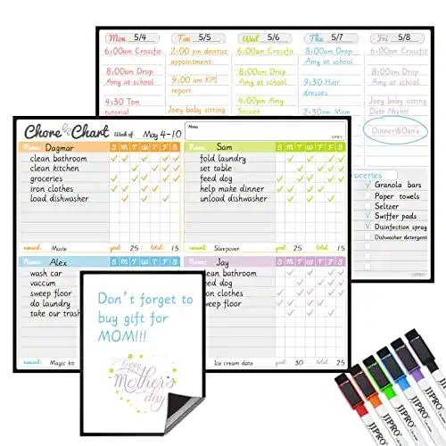 JJPRO Magnetic Dry Erase Chore Chart and Weekly Calendar Set for Fridge-Chore Chart for Multiple Kids,Weekly Planner Board,Behavior Chart for Multiple Kids,Reward Chart,Bonus to-do Whiteboard